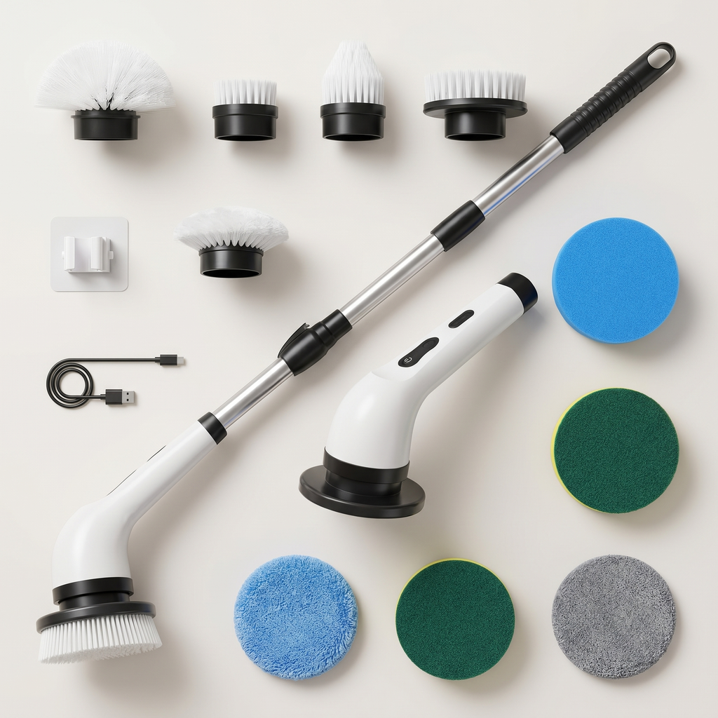 Lustra spin scrubber full kit with nine interchangeable heads and extension pole