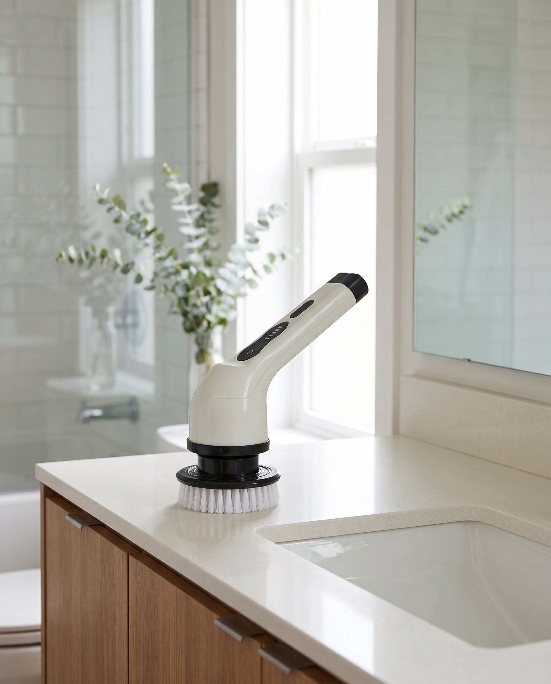 Lustra spin scrubber on a modern bathroom countertop