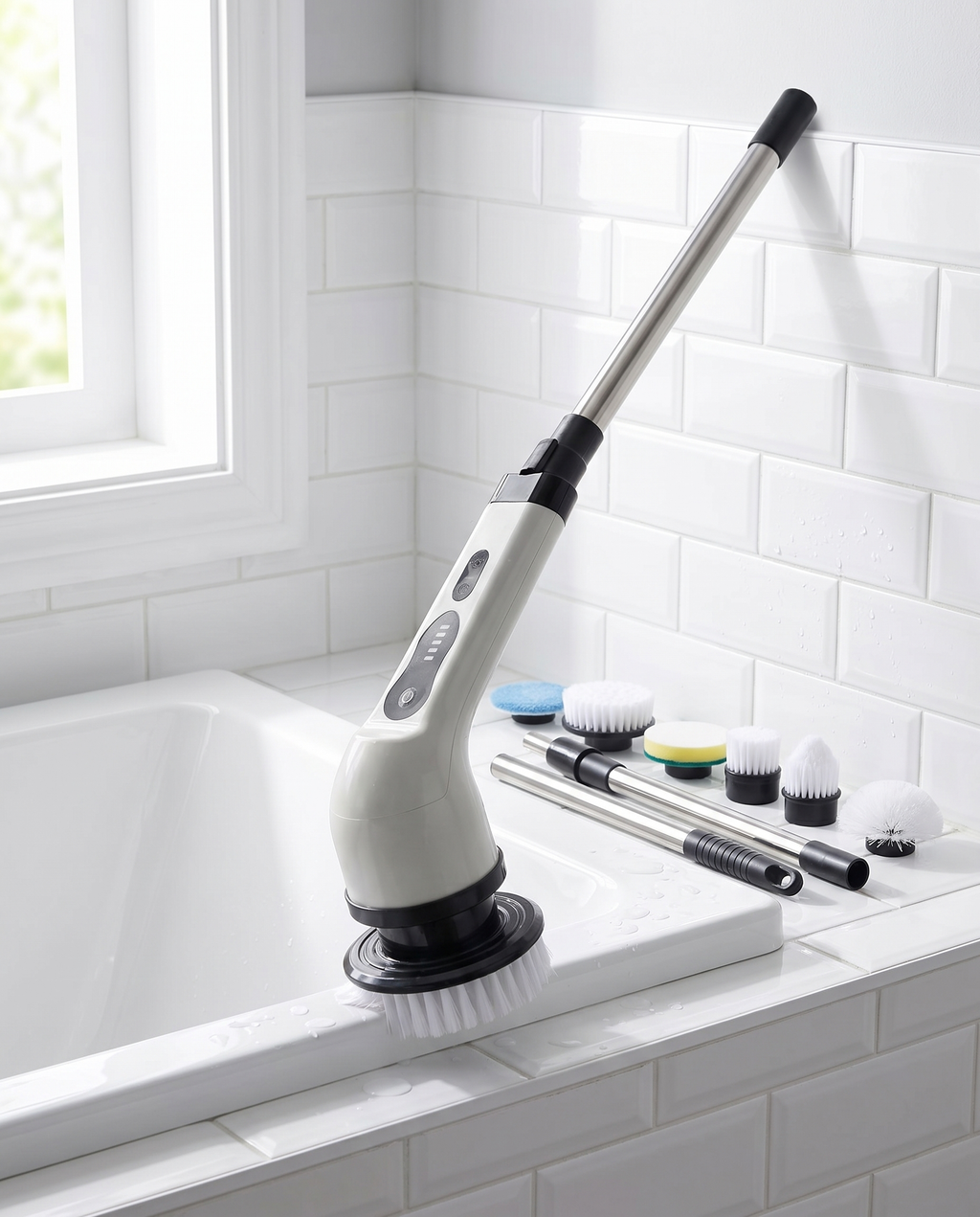 Lustra spin scrubber beside a clean bathtub