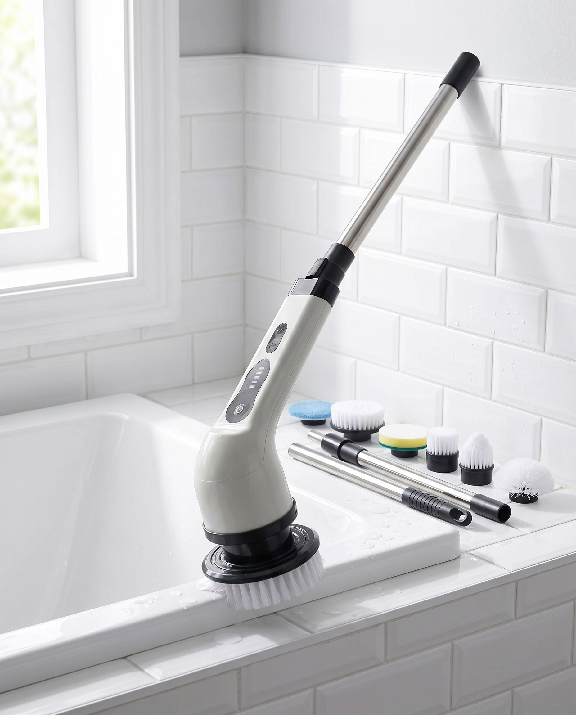 Lustra spin scrubber beside a clean bathtub